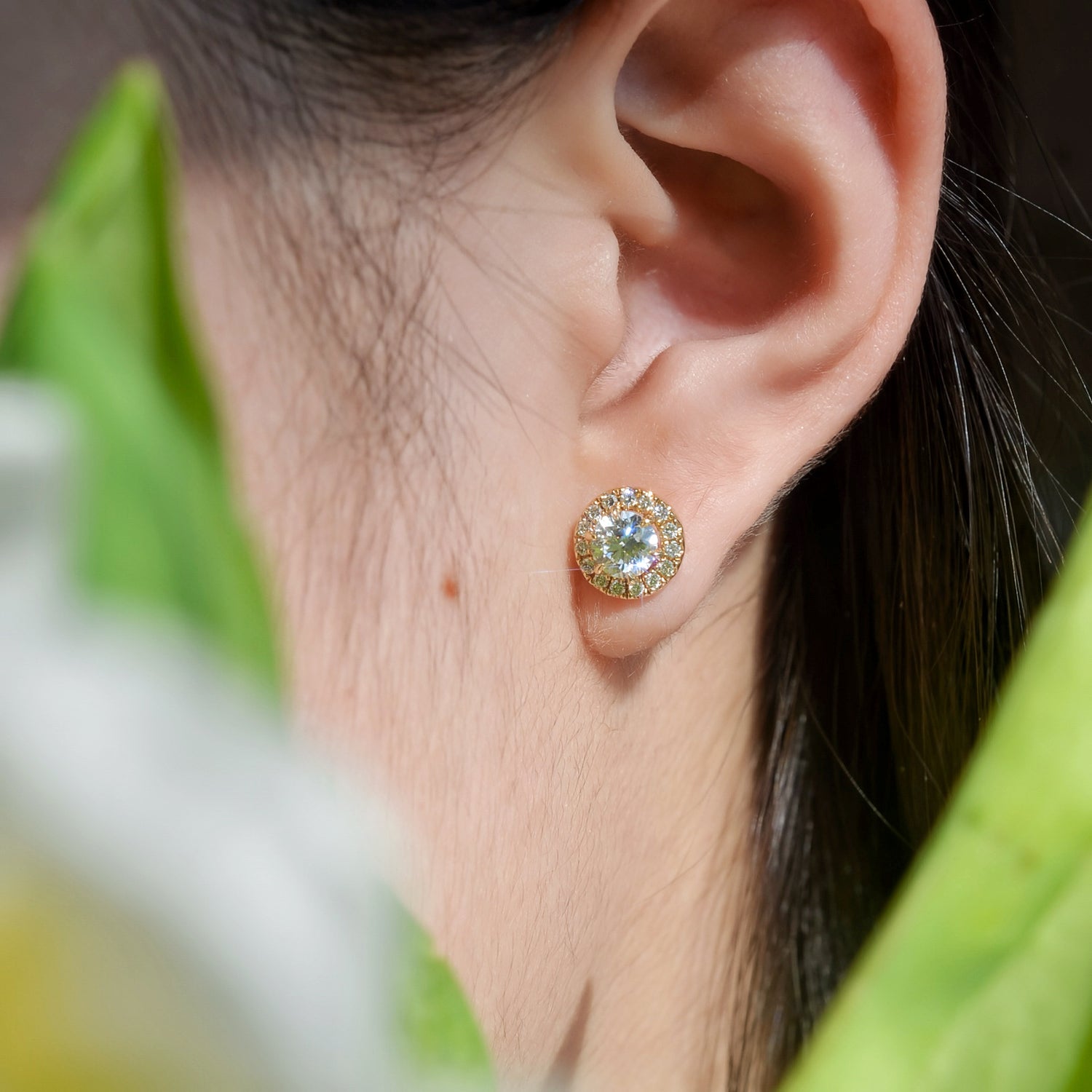 Boucles d'oreilles Elise - Diamant de laboratoire - Rond 0,5 carat (2 X) - Halo modulable - Or jaune 18K