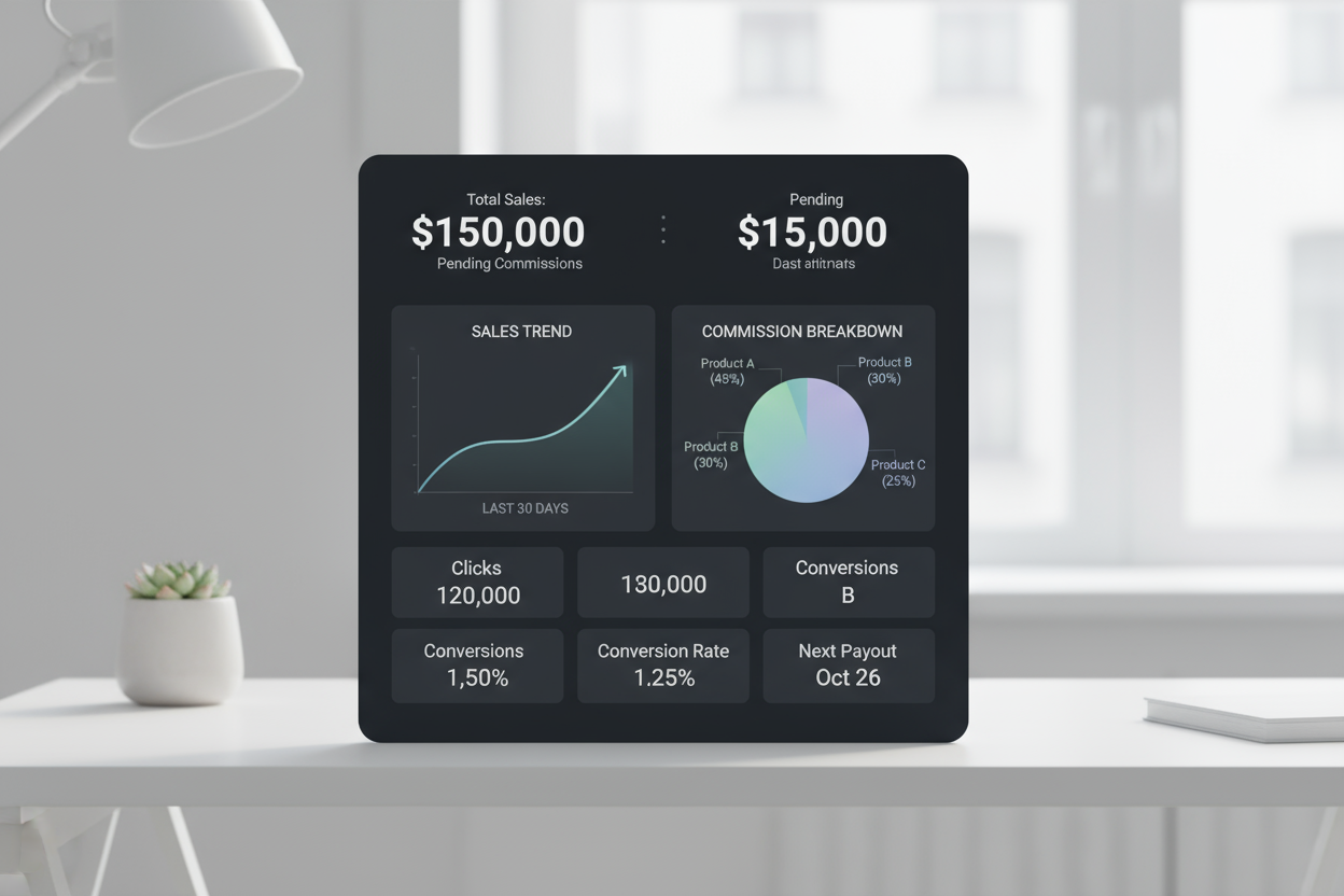 A clean, modern digital interface showing an affiliate dashboard with clear tracking metrics. The screen should show simple graphs, charts, or analytics representing sales and commissions. The environment should feel professional and transparent, with soft lighting and a minimalist background to emphasize clarity and ease of use. No text or logo. Square aspect ratio (1:1).