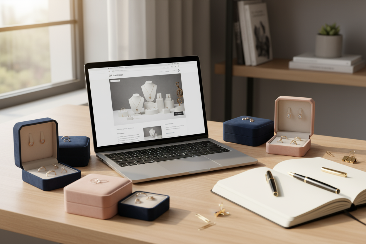 A creative workspace with a laptop open to a Diamelys website, surrounded by jewelry boxes, a notebook, and a pen. The setting is modern and stylish, with warm, natural lighting that evokes an atmosphere of professionalism and support. The focus should be on the tools and assets affiliates can access, symbolizing the ease of promoting Diamelys. No text or logo. Square aspect ratio (1:1).