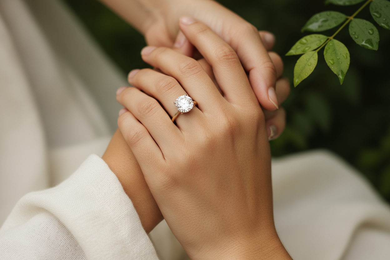 A delicate diamond ring being held by two gentle hands, with soft natural light highlighting the diamond's brilliance. The background should feature subtle elements of nature, such as green leaves or a clean, soft fabric, to represent the ethical and sustainable sourcing of the diamonds. The colors should remain neutral and earthy (soft green, ivory), creating a sense of warmth and responsibility. No text, logo, or watermark. Square aspect ratio (1:1).