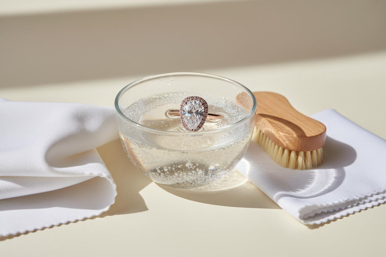 A refined, minimalist close-up scene showing a delicate jewelry cleaning routine. A DIAMELYS-style diamond ring rests in a small bowl of warm, soapy water beside a soft-bristle brush, a clean white cloth, and gentle natural lighting. The setting feels calm, luxurious, and pristine, with a soft ivory or champagne-toned background. Focus on elegance, simplicity, and care—highlighting the gentle, meticulous process of maintaining fine jewelry. No text, no logos. Square ratio, high-end editorial photography