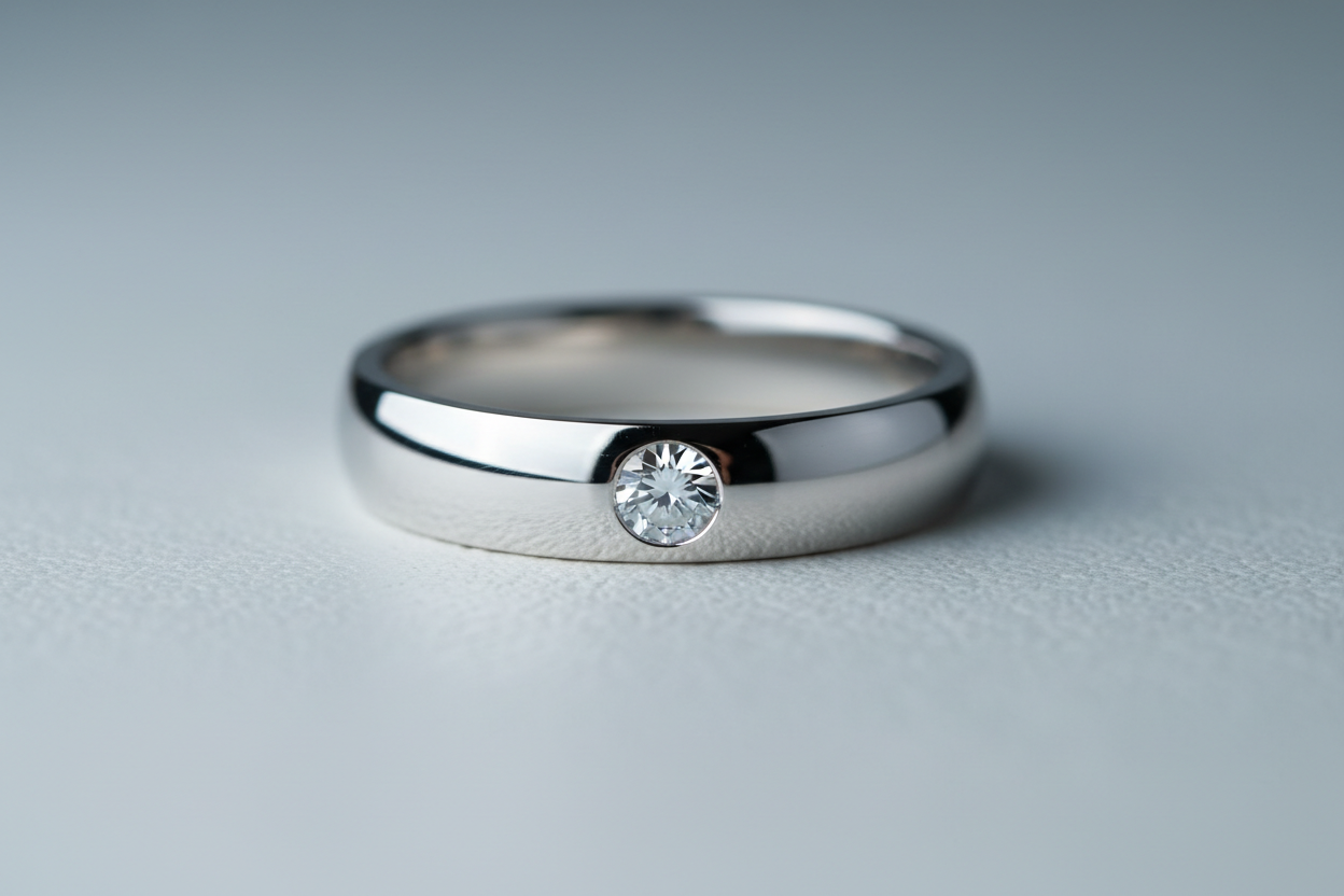 A sophisticated close-up of a platinum ring or band placed on a cool-toned, minimalist background (soft grey or pearl white). The metal should appear naturally white, smooth, and highly durable, with a subtle, mirror-like sheen. Emphasize its purity and rarity through clean reflections and a crisp, elegant finish. Optionally include a diamond detail to highlight how platinum enhances gemstone brilliance. Lighting should be soft, cool, and premium. No text. Square ratio. High-end fine jewelry editorial style